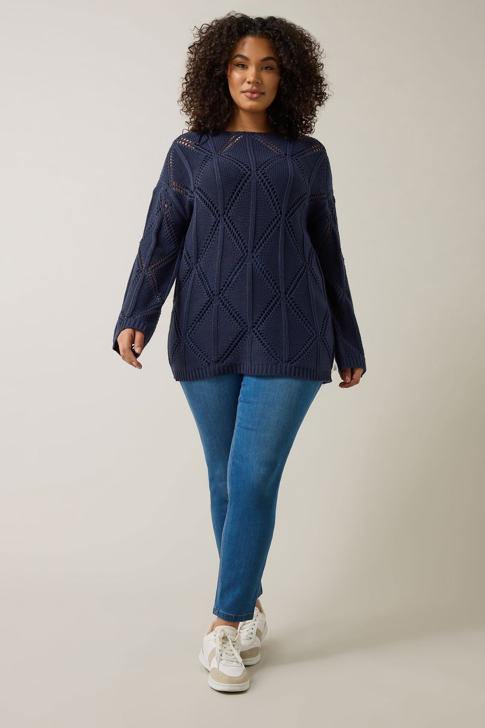 Evans Curve Navy Blue Diamond Pointelle Jumper