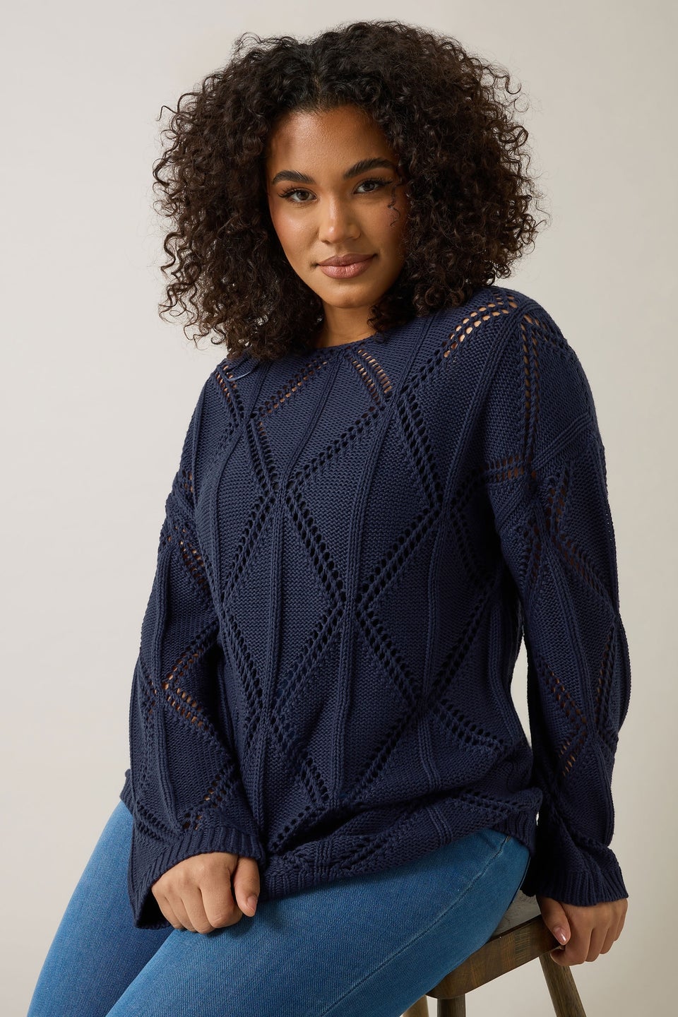 Evans Curve Navy Blue Diamond Pointelle Jumper
