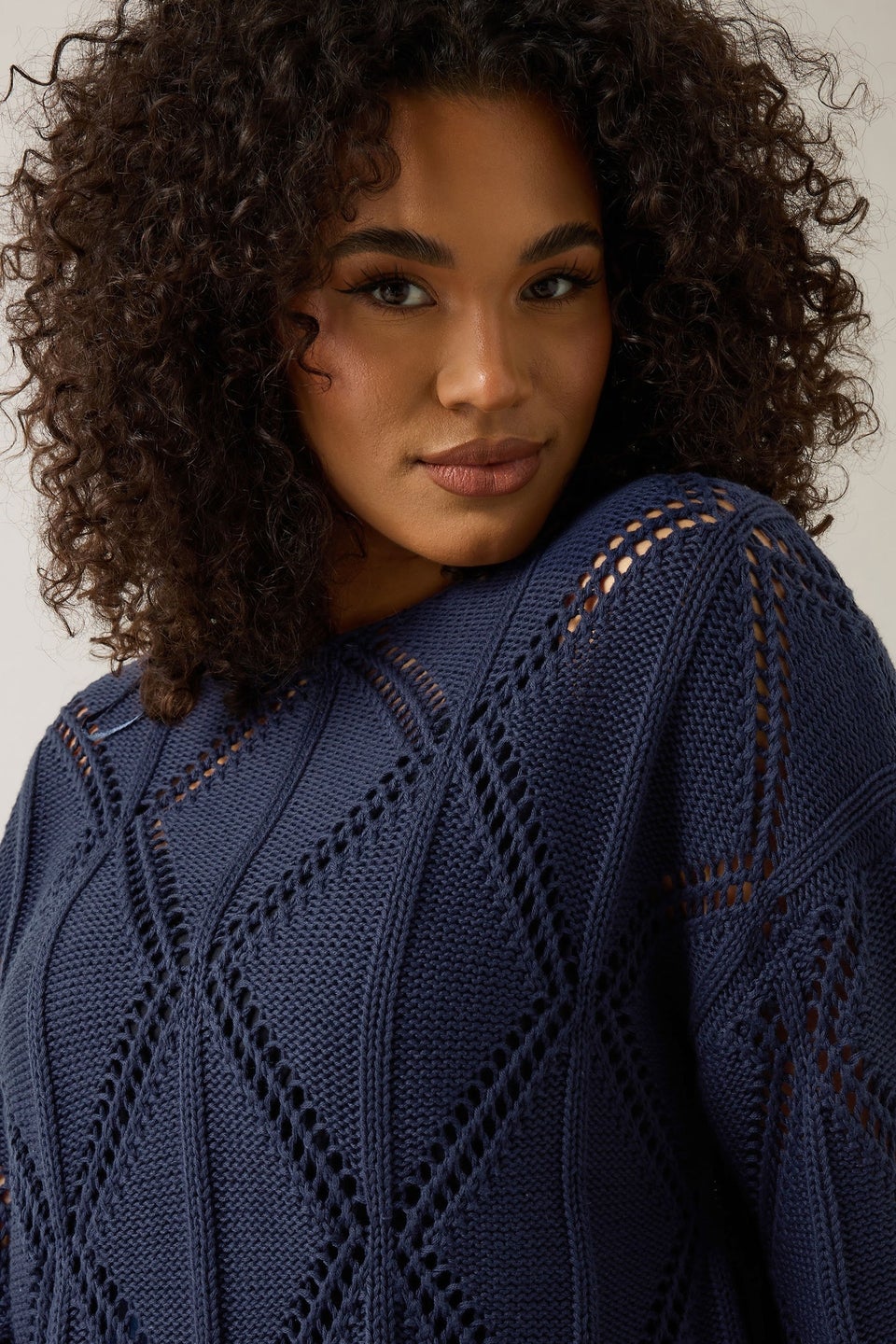 Evans Curve Navy Blue Diamond Pointelle Jumper