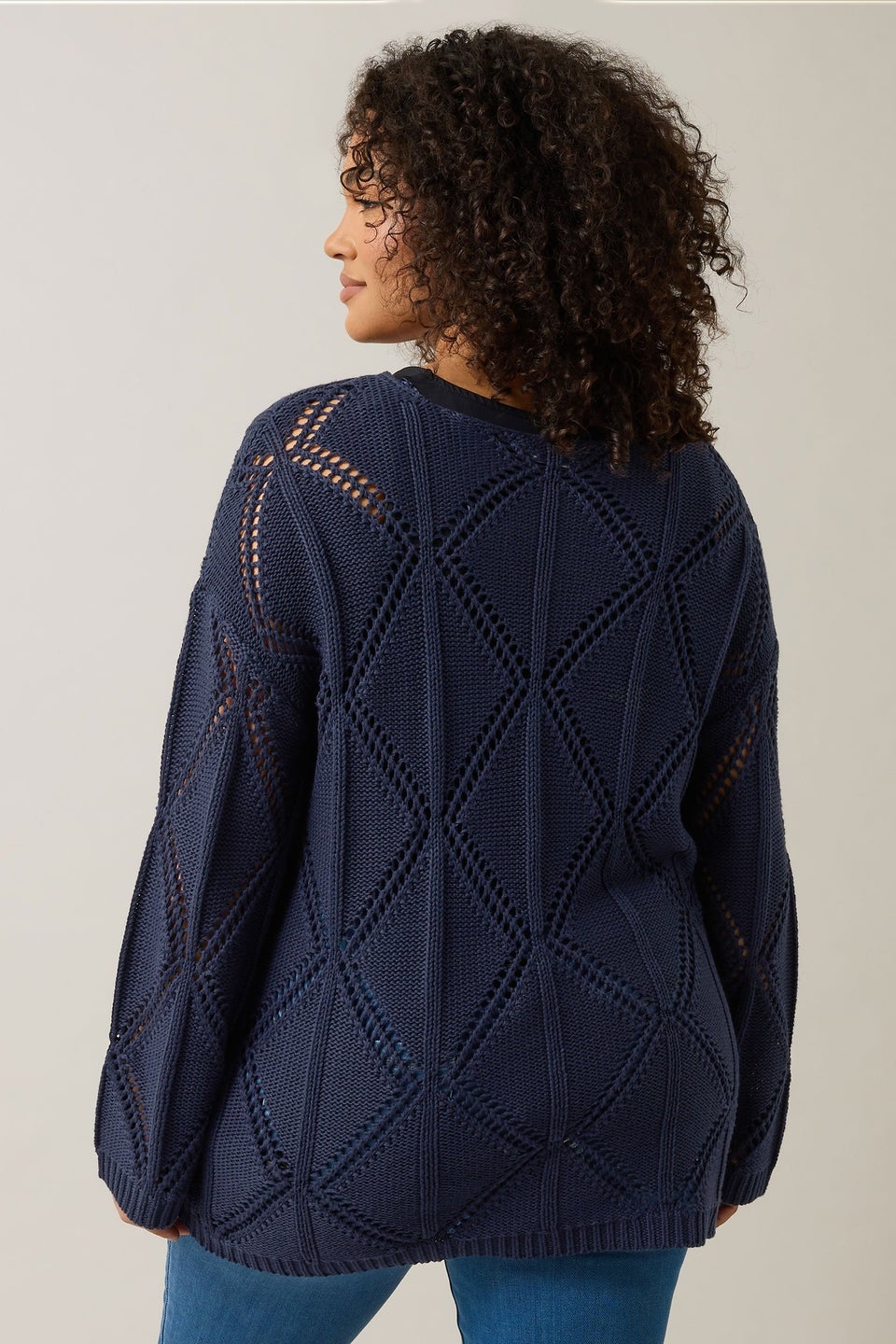Evans Curve Navy Blue Diamond Pointelle Jumper