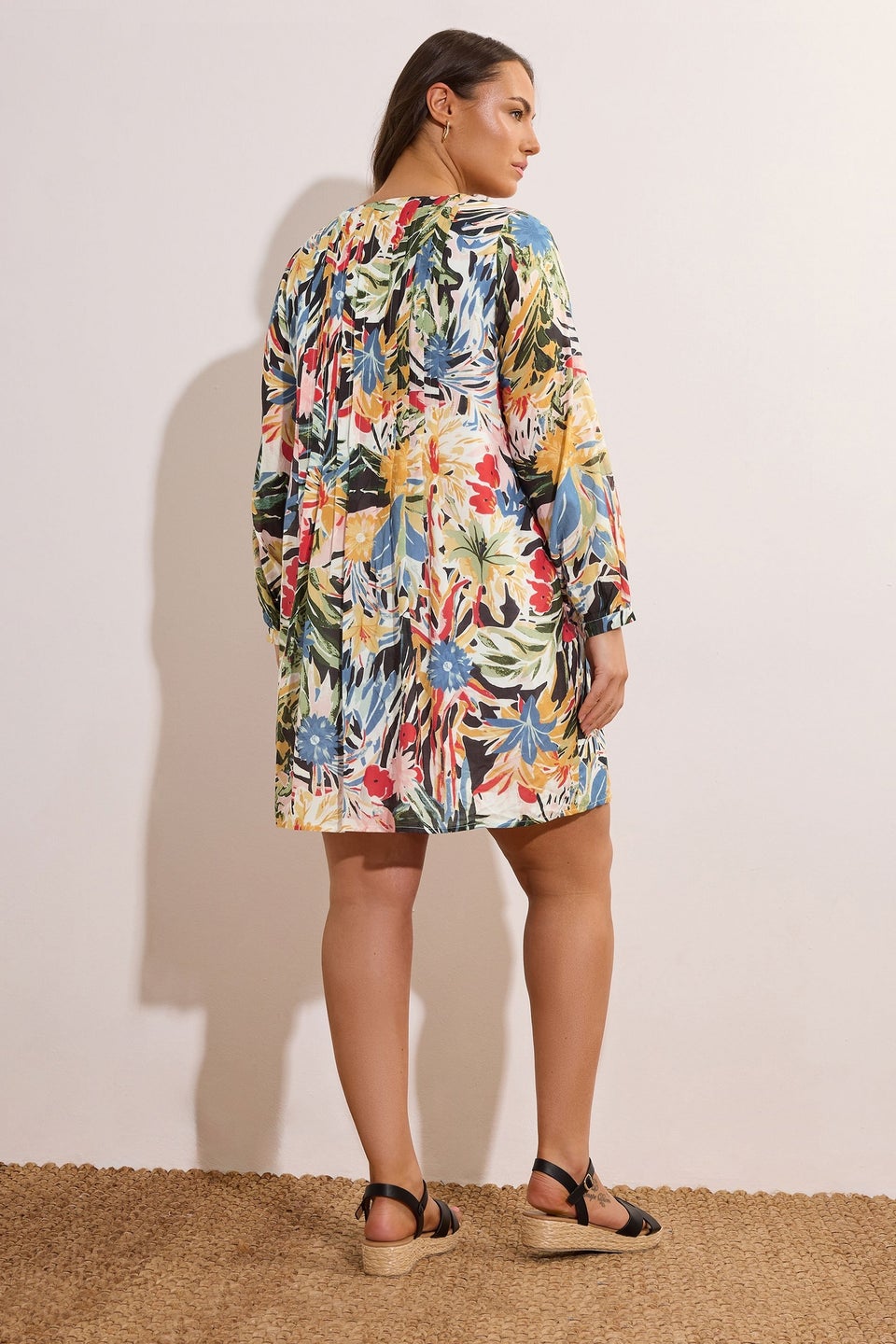 Evans Curve Blue & Yellow Floral Pleated Swing Dress