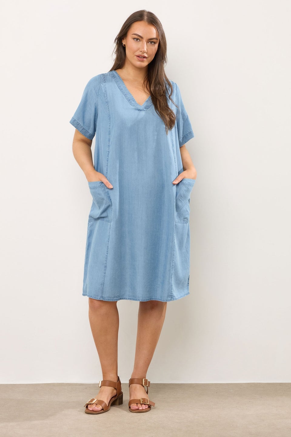 Evans Curve Light Blue Lyocell Denim Pocket Dress