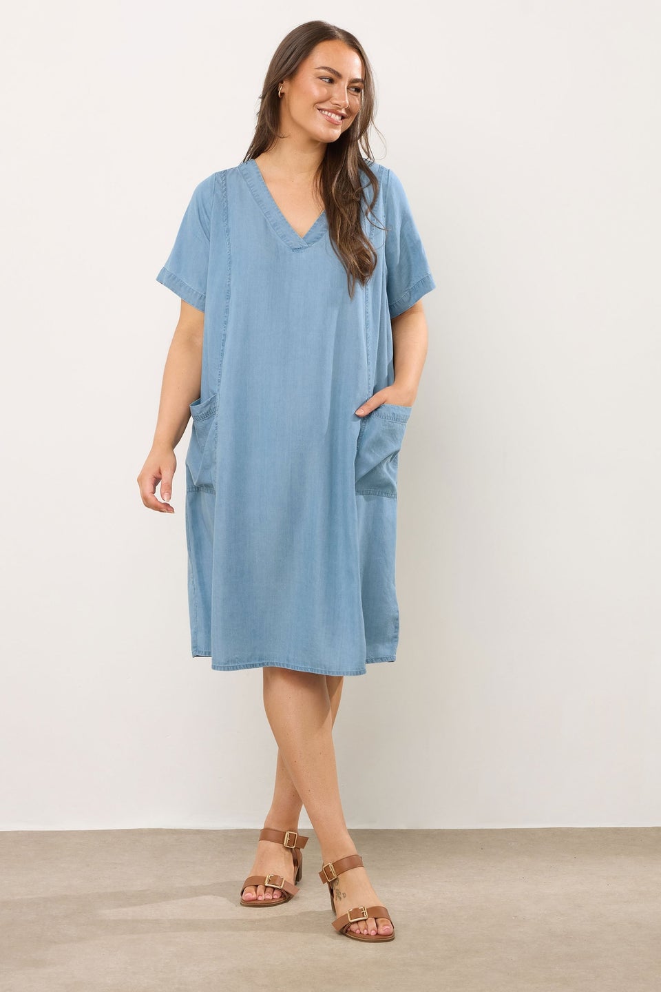 Evans Curve Light Blue Lyocell Denim Pocket Dress