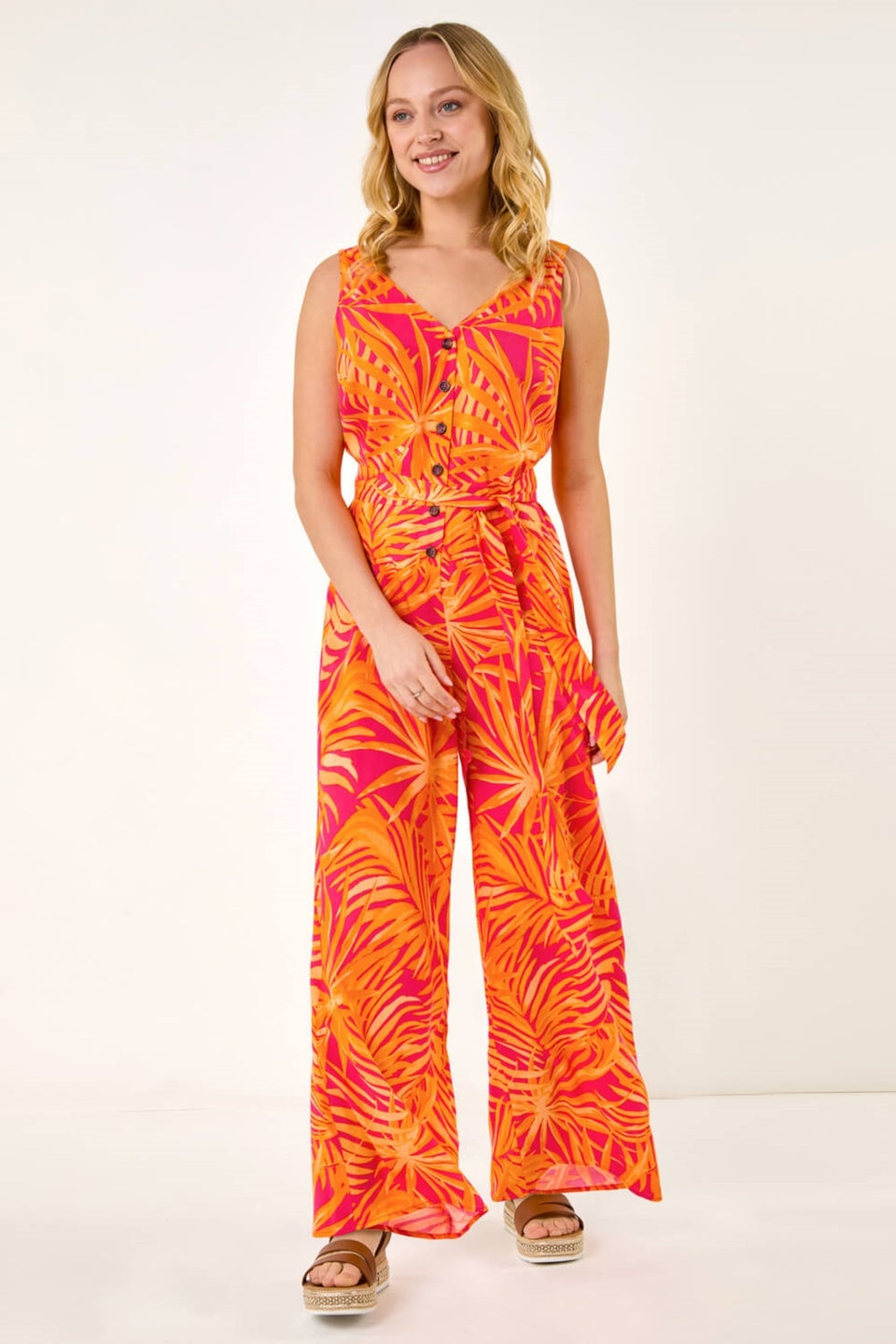 Dusk Orange Palm Print Belted Jumpsuit