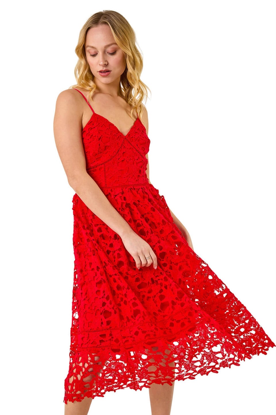 Dusk Red Crochet V-Neck Cami Midi Dress