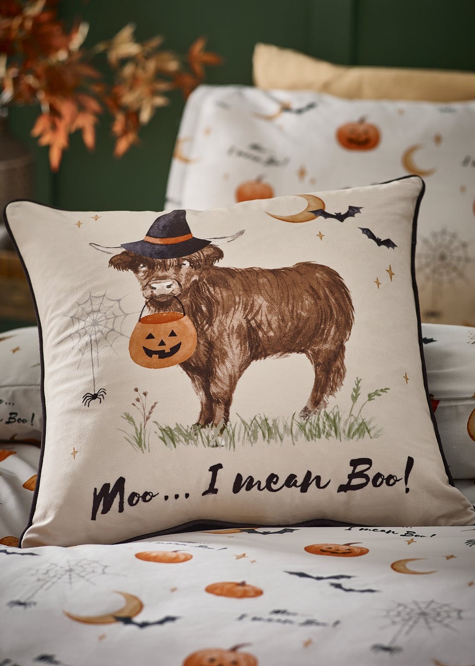 Catherine Lansfield Natural Halloween Highland Cow Soft Touch Cushion