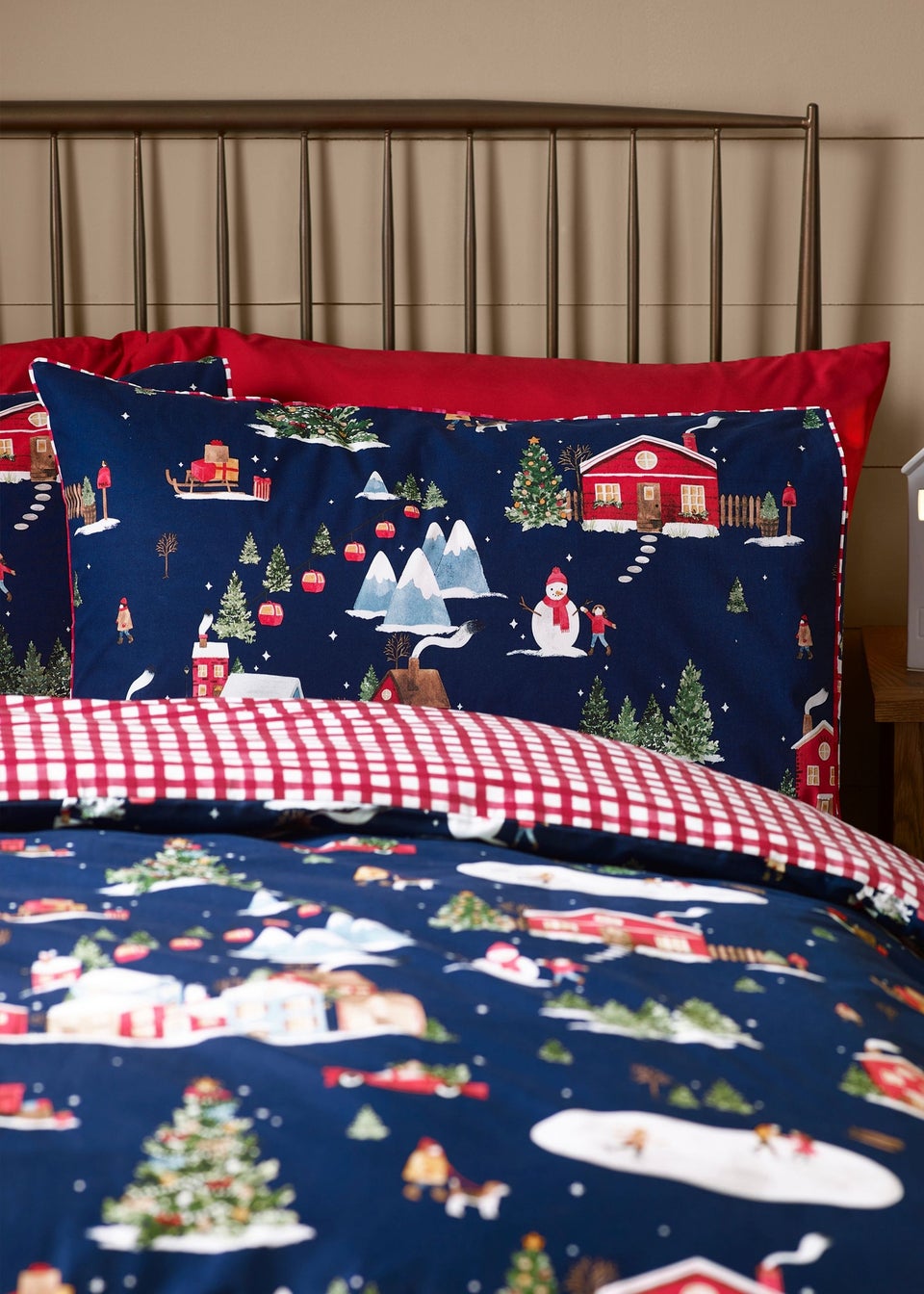 Catherine Lansfield Blue Christmas Ski Village Reversible Duvet Cover Set
