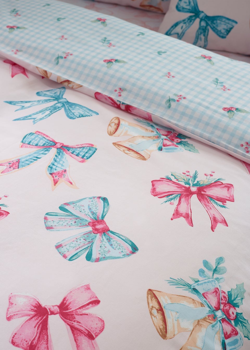 Catherine Lansfield Pink Christmas Bows & Bells Reversible Duvet Cover Set