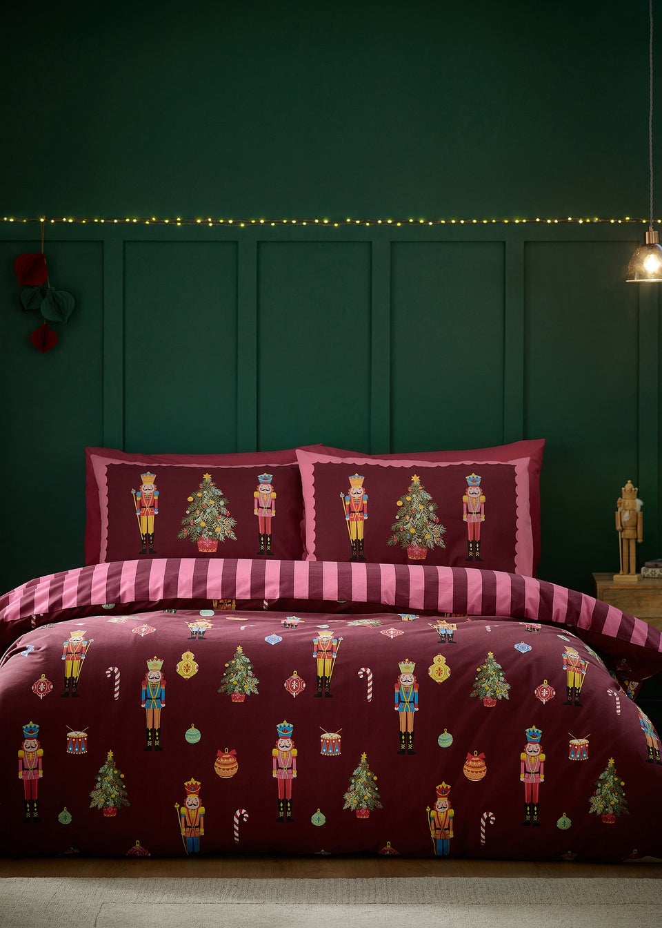 Catherine Lansfield Plum Christmas Nutcracker Stripe Reversible Duvet Cover Set