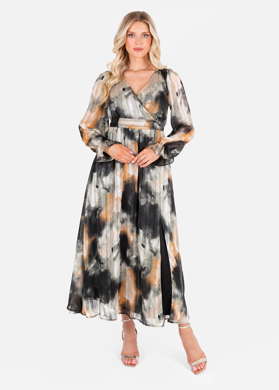 Lovedrobe Faux Wrap Black/Off White Long Sleeve Tie Back Midaxi Dress