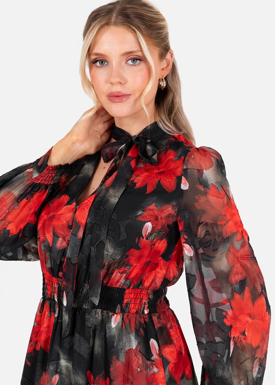 Lovedrobe Floral Tie Neck Long Sleeve & Shirred Waist Maxi Dress
