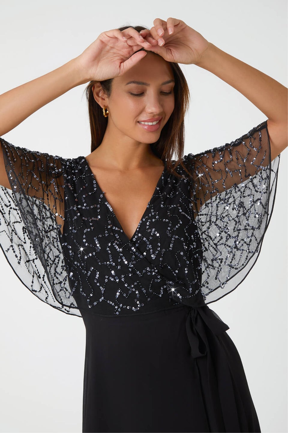 Roman Black Sequin Embellished Chiffon Wrap Maxi Dress