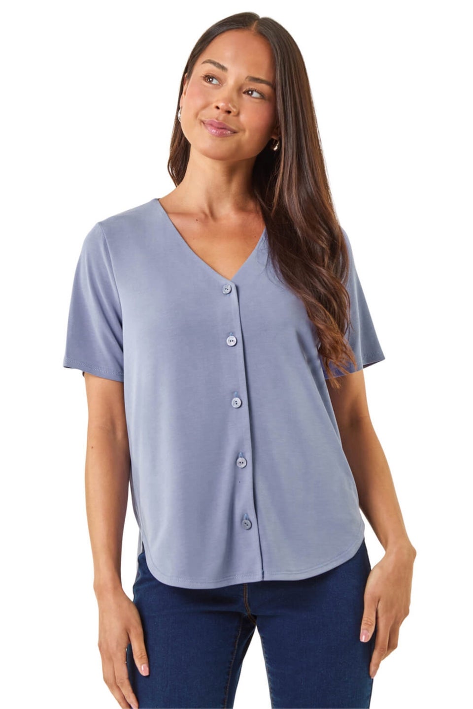 Roman Blue Petite V-Neck Buttoned Blouse
