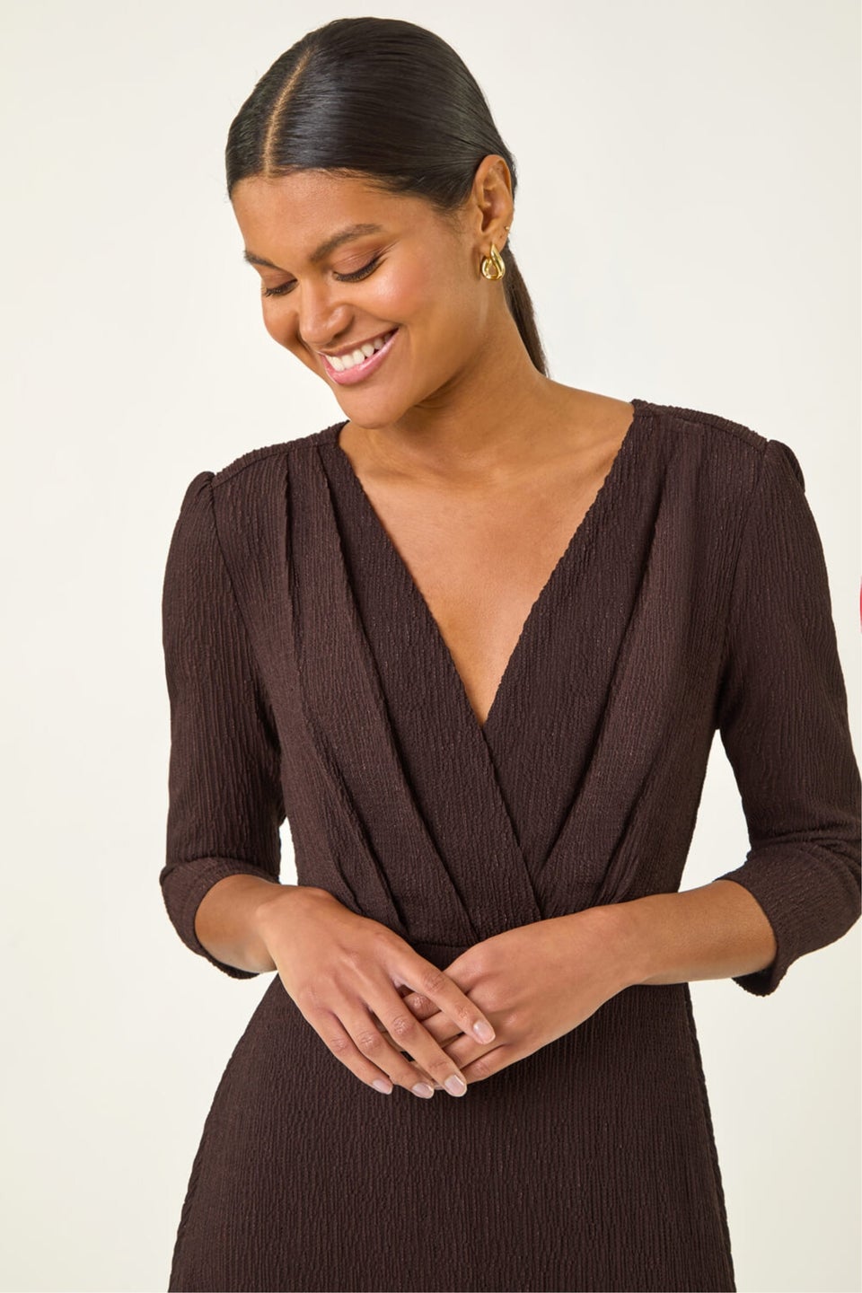 Roman Chocolate Textured Wrap Midi Dress