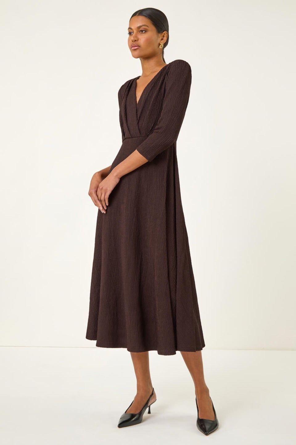 Roman Chocolate Textured Wrap Midi Dress