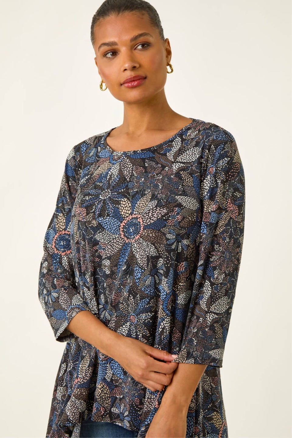Roman Blue Floral Puff Print Stretch Shirt