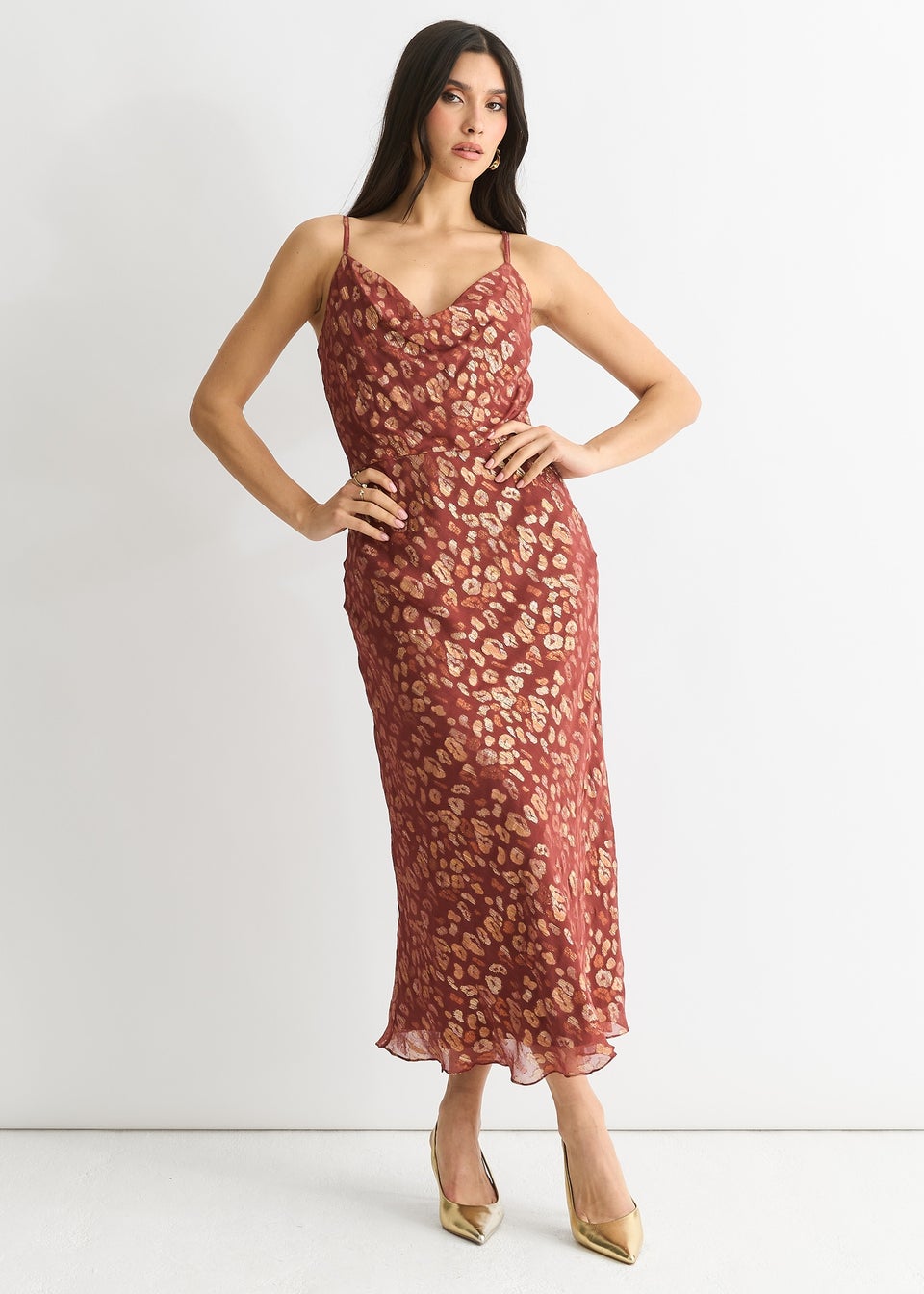 Gini London Brown Viscose Animal Jacquard Cowl Midi Dress