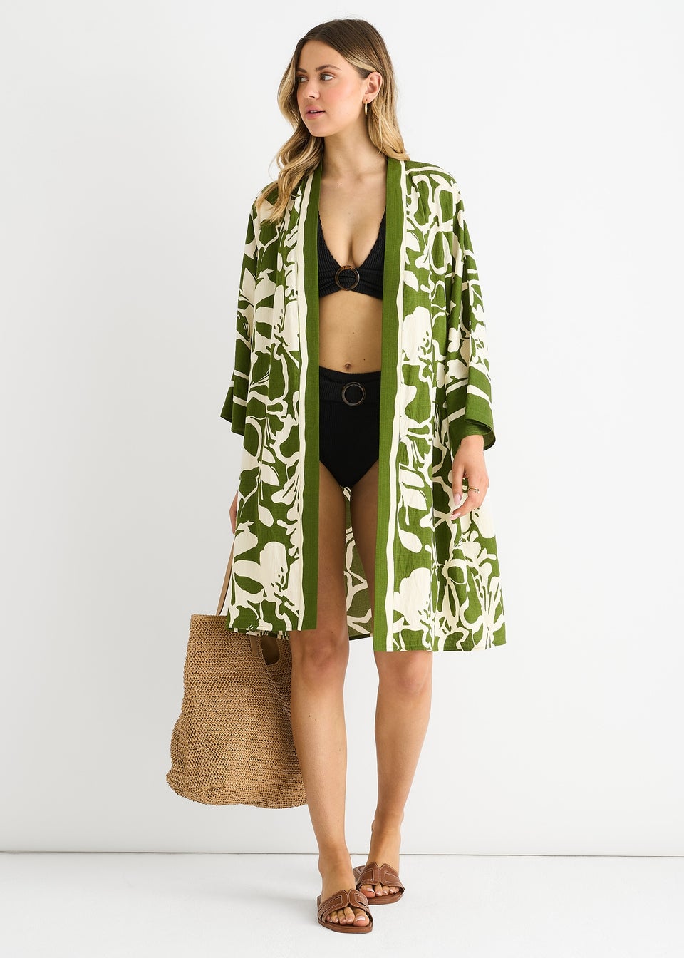 Gini London Green Summer Border Printed Beach Kimono