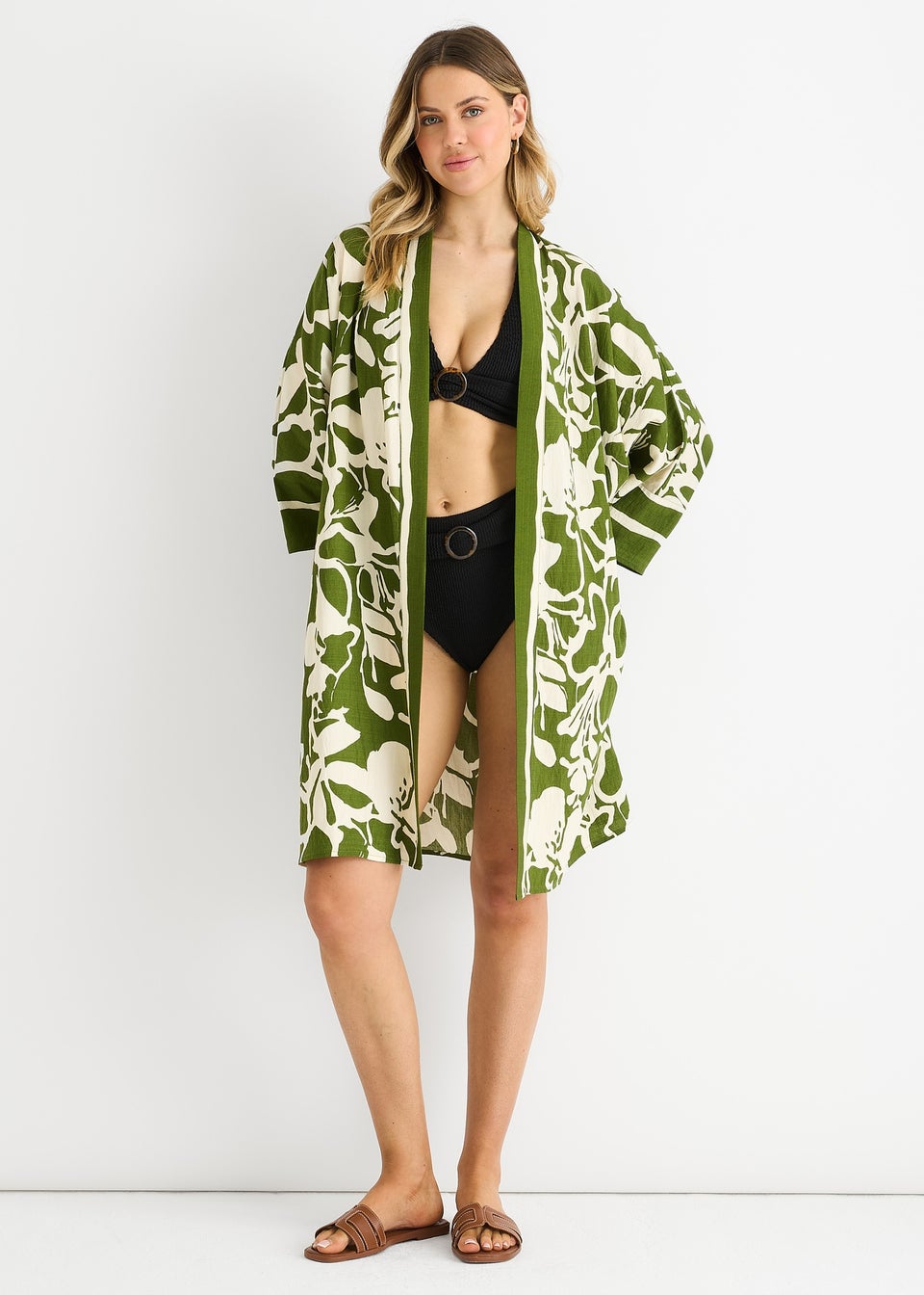 Gini London Green Summer Border Printed Beach Kimono