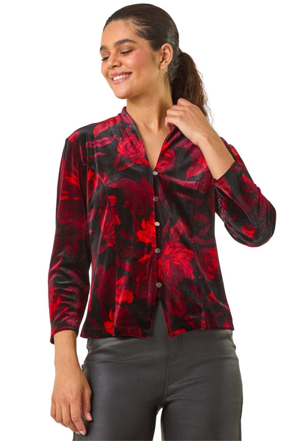 Roman Red Floral Print Velvet Blouse