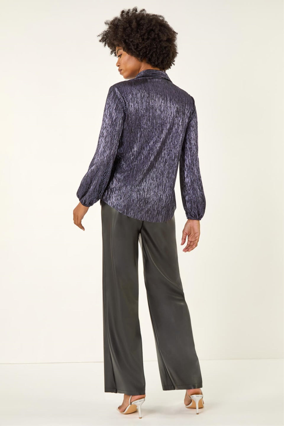 Roman Midnight Blue Foil Plisse Button Through Blouse