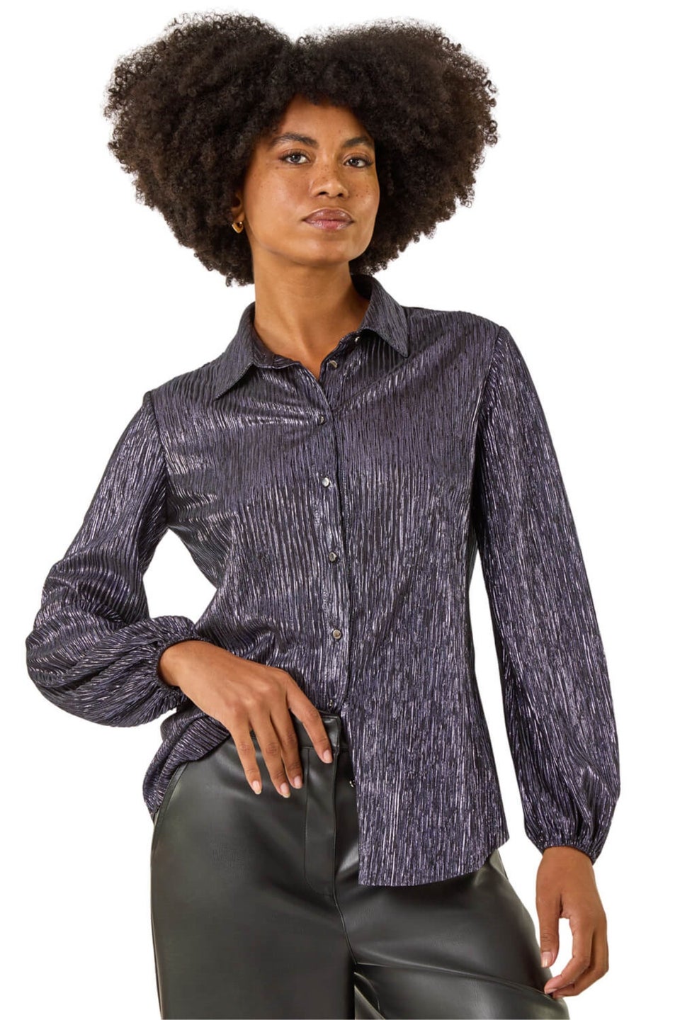 Roman Midnight Blue Foil Plisse Button Through Blouse