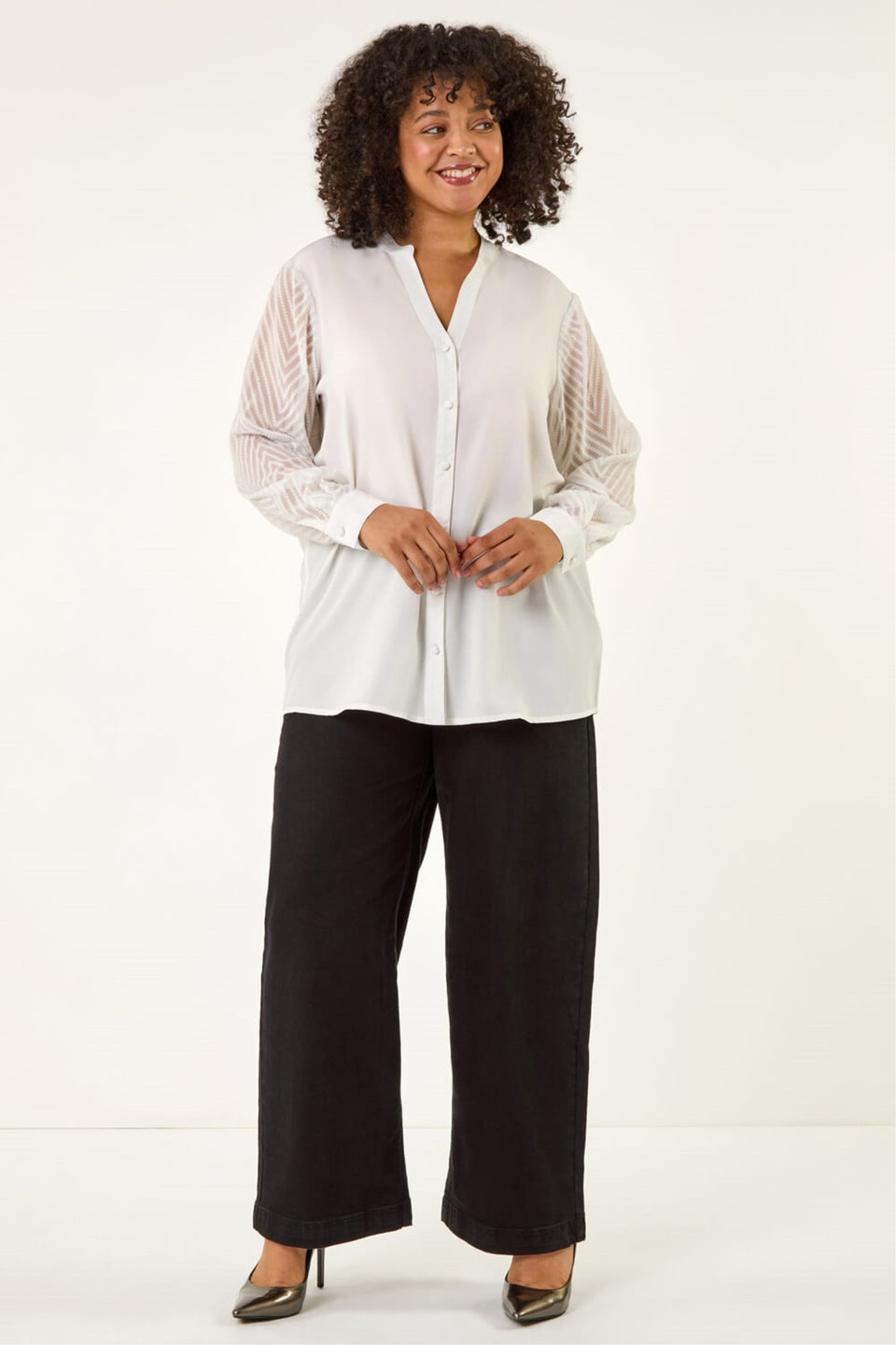 Roman Ivory Curve V-Neck Button Blouse