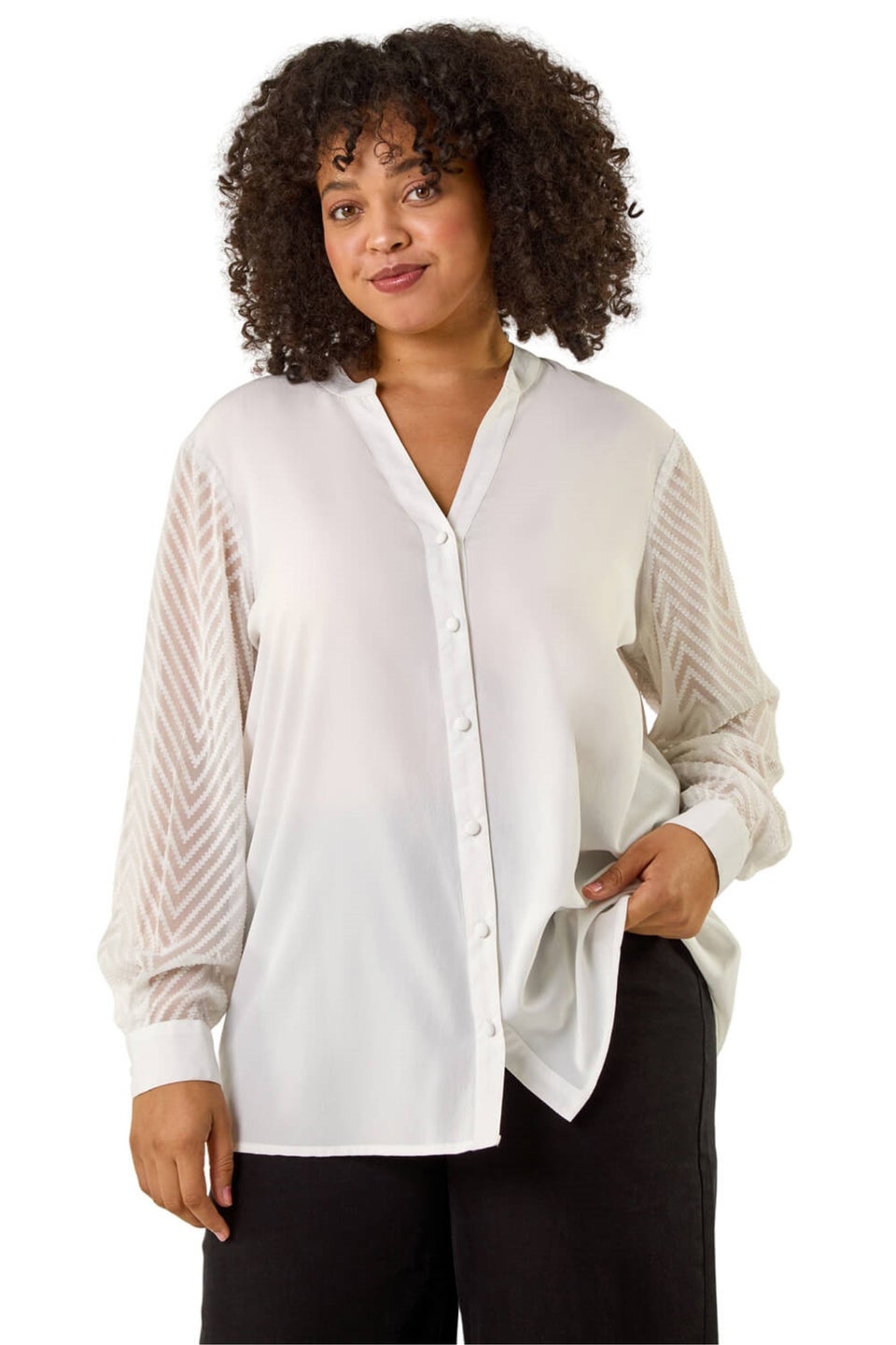 Roman Ivory Curve V-Neck Button Blouse