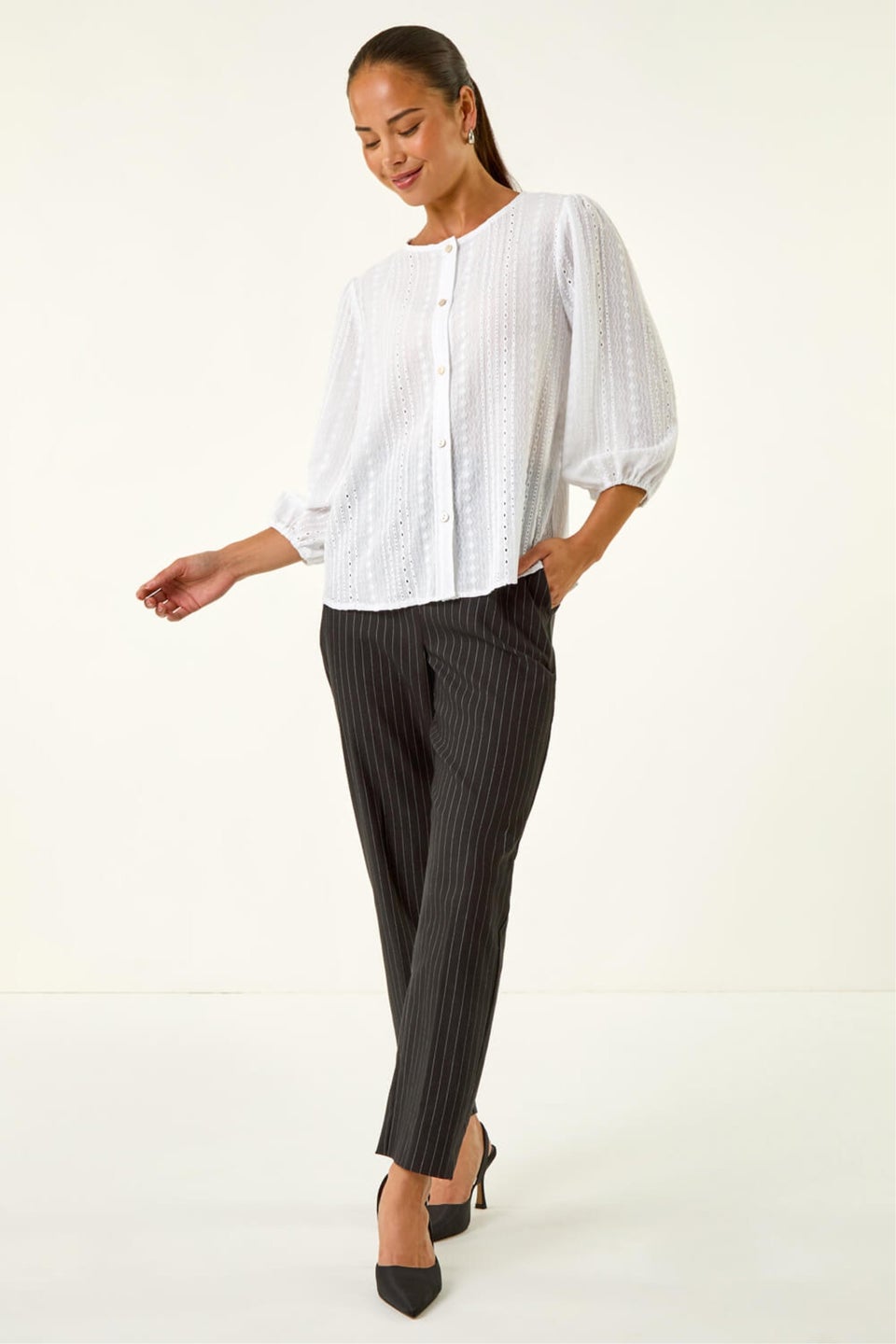 Roman White Petite Textured Buttoned Blouse