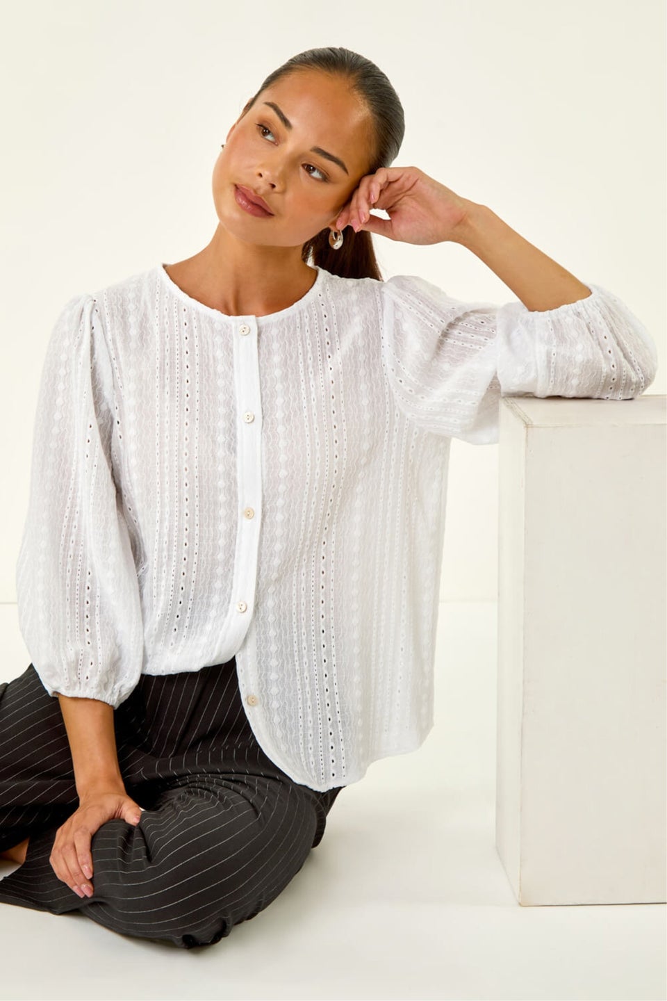 Roman White Petite Textured Buttoned Blouse