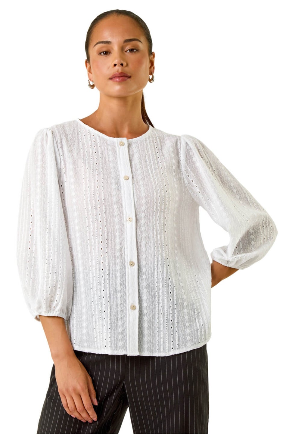 Roman White Petite Textured Buttoned Blouse