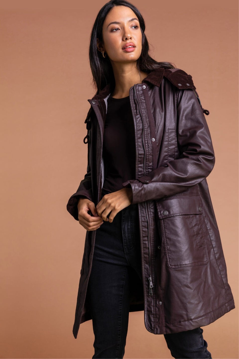 Roman Chocolate Waxed Longline Hooded Coat