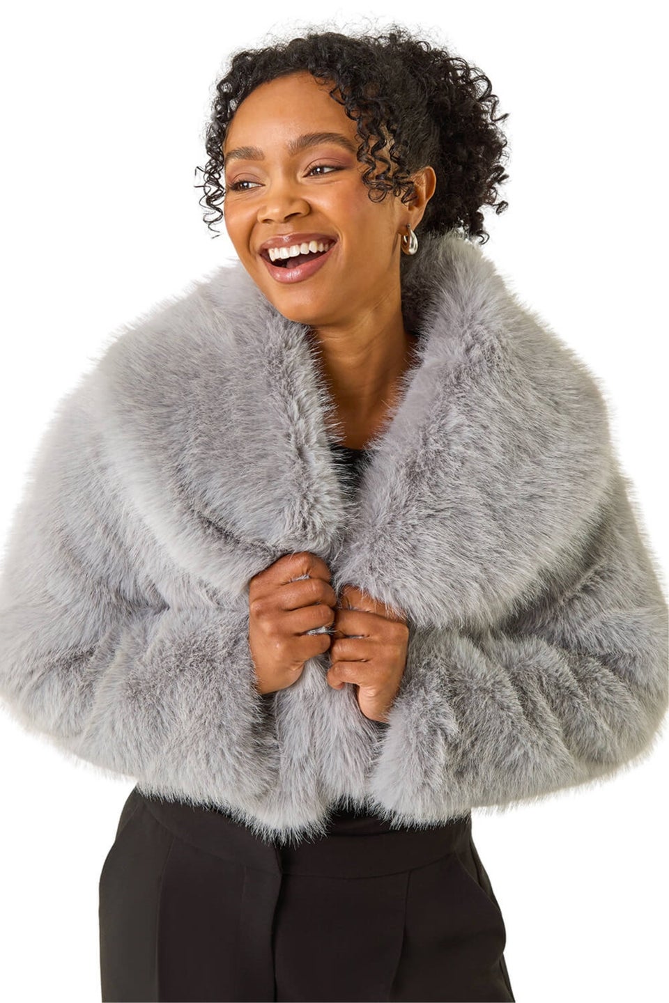 Roman Grey Petite Cropped Fur Coat