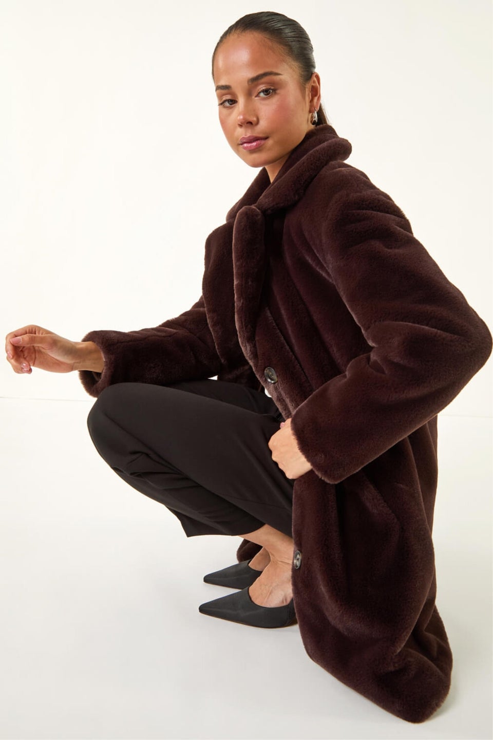 Roman Chocolate Petite Longline Fur Coat