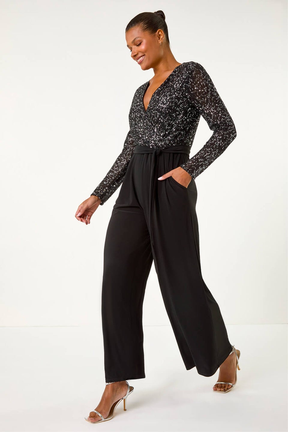 Roman Black Sequin Wrap V-Neck Stretch Jumpsuit