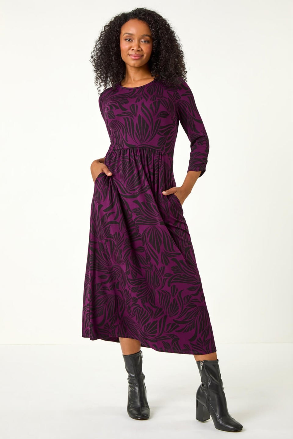 Roman Magenta Petite Swirl Print Stretch Midi Dress