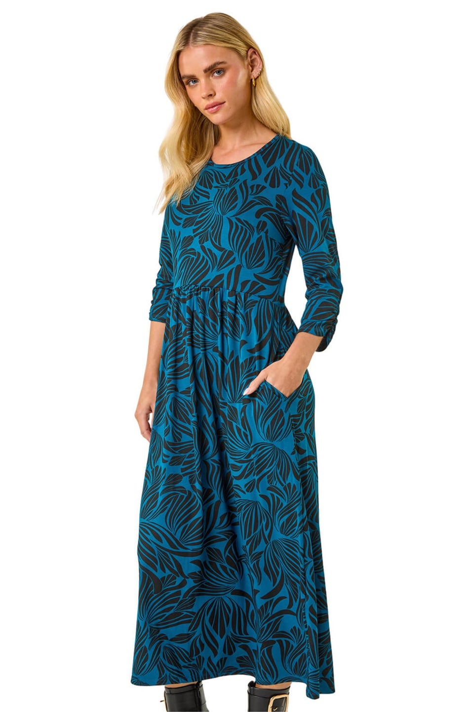 Roman Teal Petite Swirl Print Stretch Midi Dress