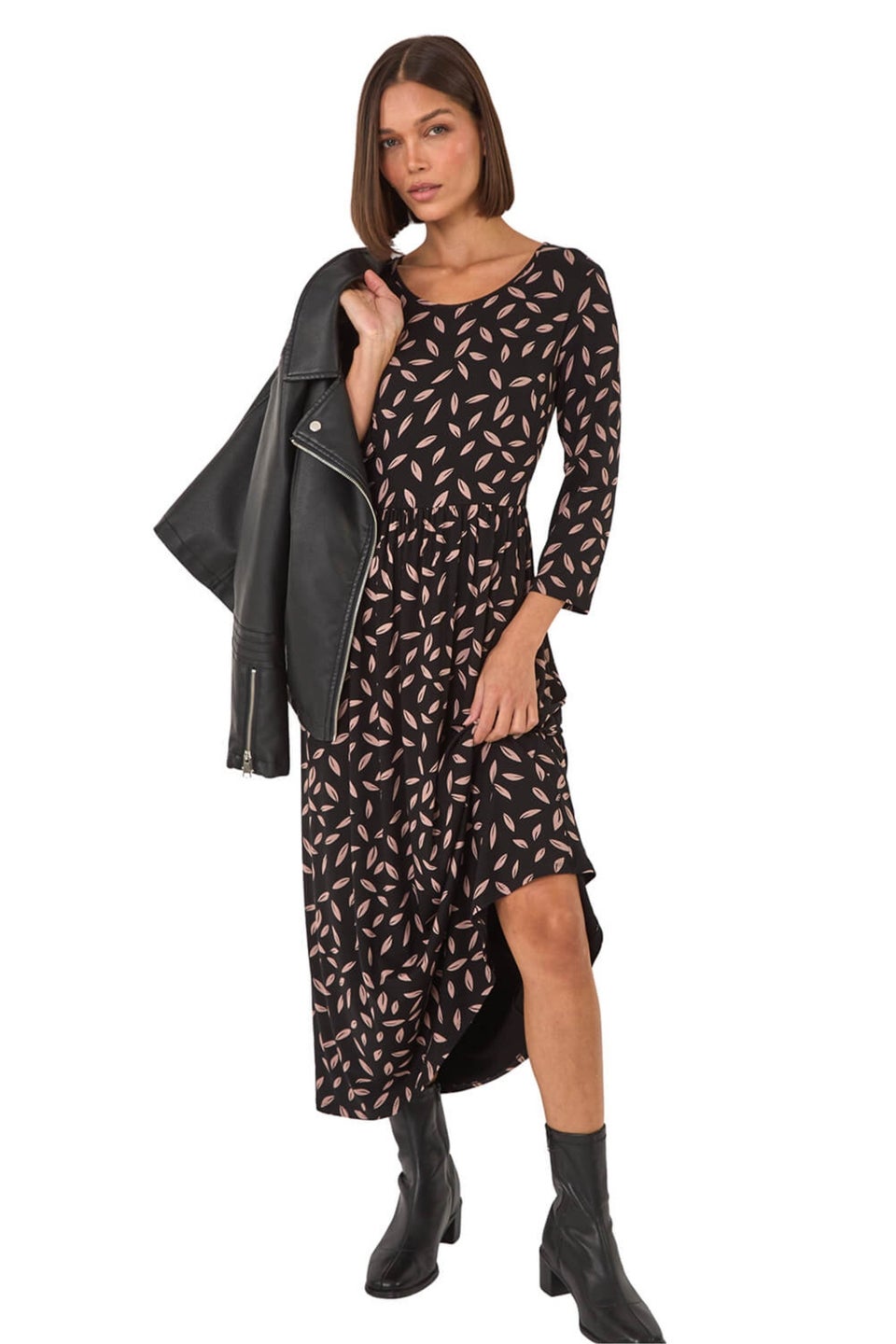 Roman Black Scattered Floral Print Midi Dress