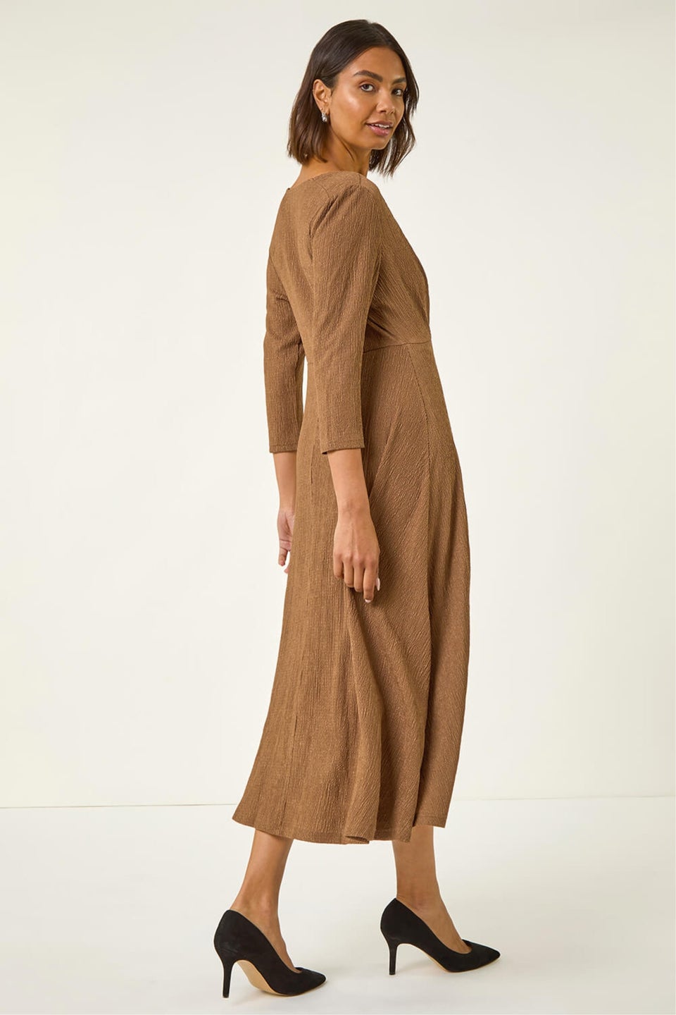 Roman Taupe Textured Wrap Midi Dress