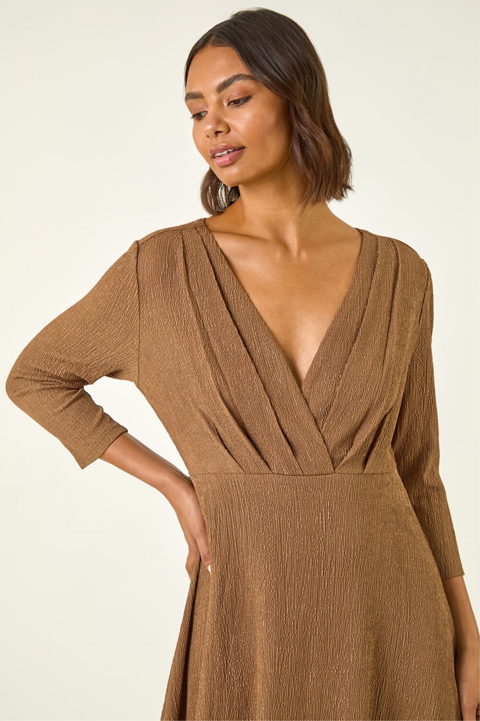 Roman Taupe Textured Wrap Midi Dress