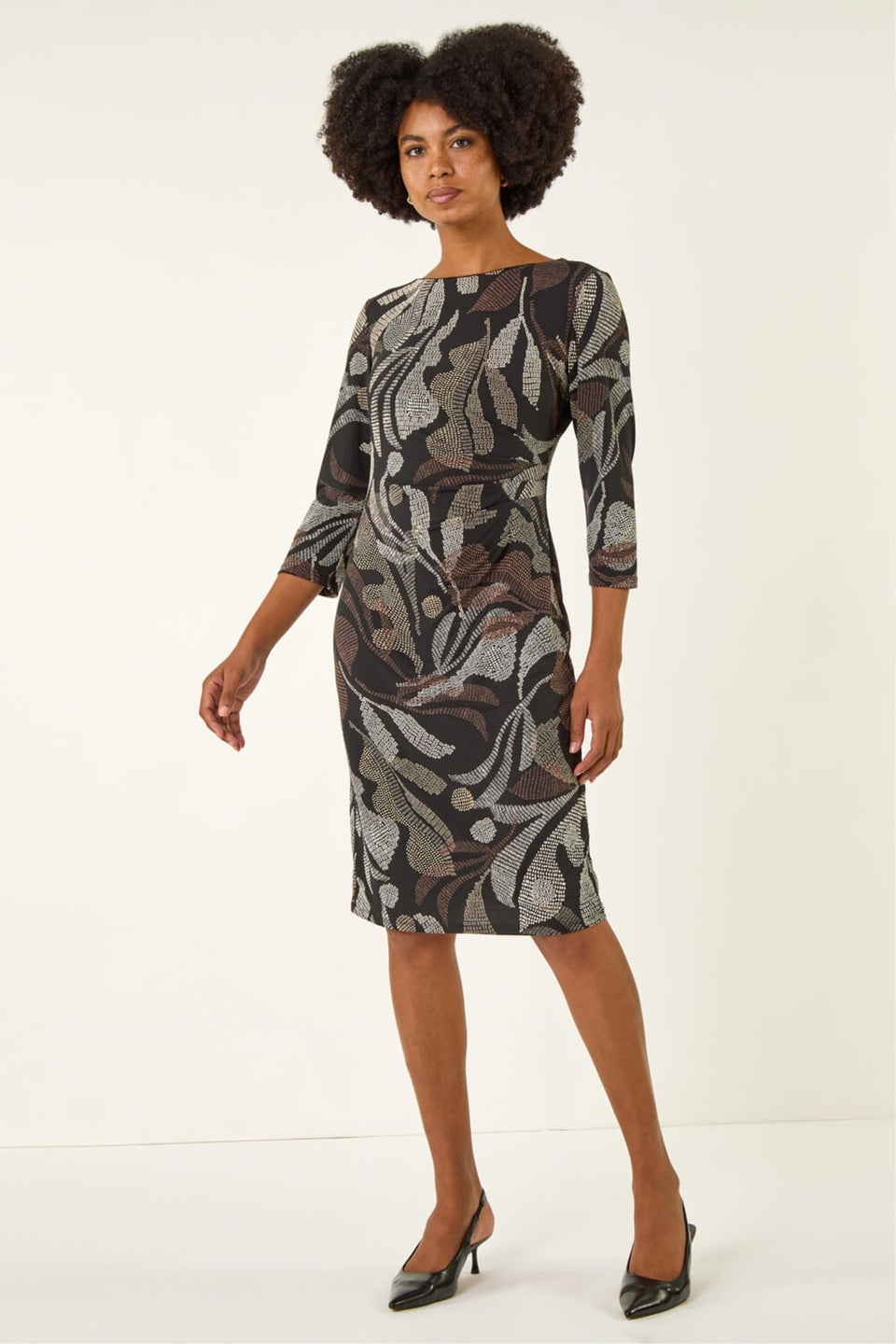 Roman Brown Abstract Print Ruched Midi Stretch Dress