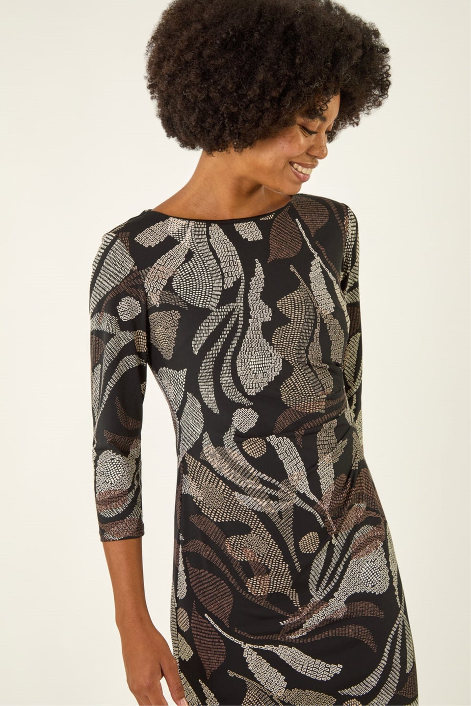 Roman Brown Abstract Print Ruched Midi Stretch Dress