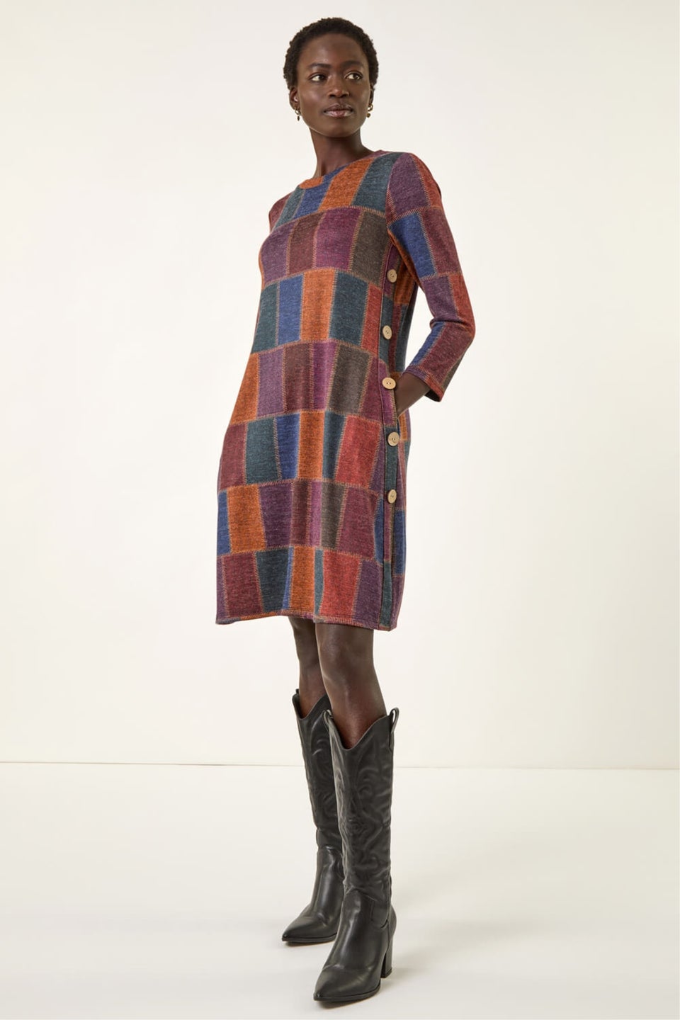 Roman Red Patchwork Button Swing Dress
