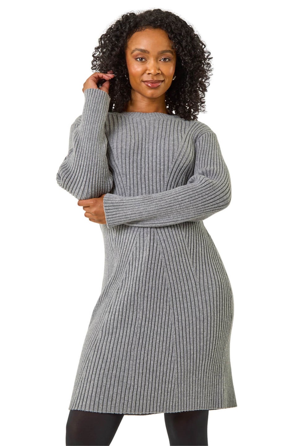 Roman Grey Petite Ribbed Knitted Dress