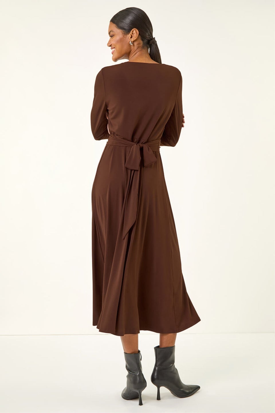 Roman Chocolate Twist Front Stretch Midi Dress