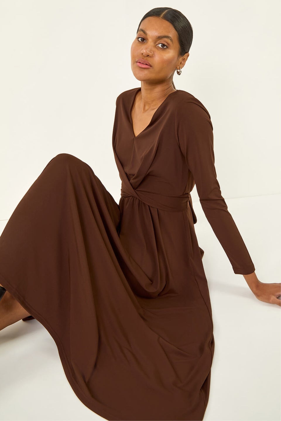 Roman Chocolate Twist Front Stretch Midi Dress