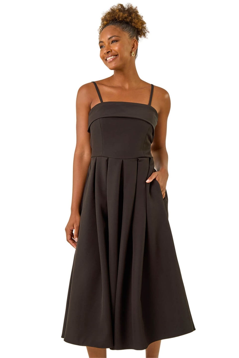Roman Black Bardot Premium Stretch Midi Dress