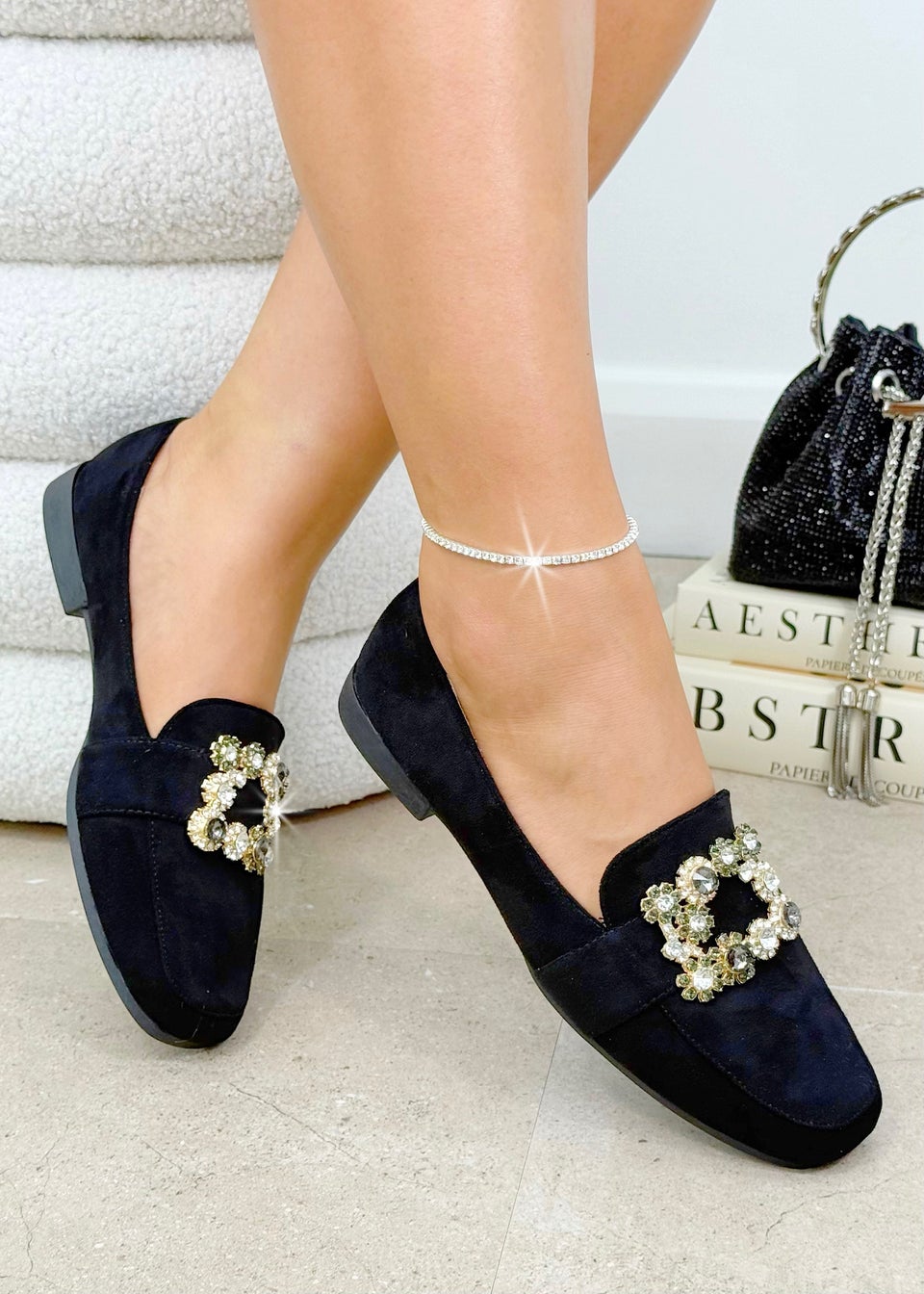Love Lemonade Black Crystal Buckle Blossom Loafers