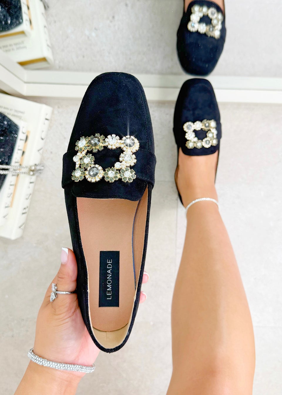 Love Lemonade Black Crystal Buckle Blossom Loafers