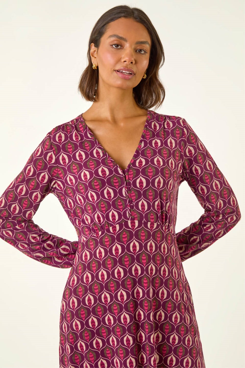 Roman Red Geo Print V-Neck Stretch Midi Dress